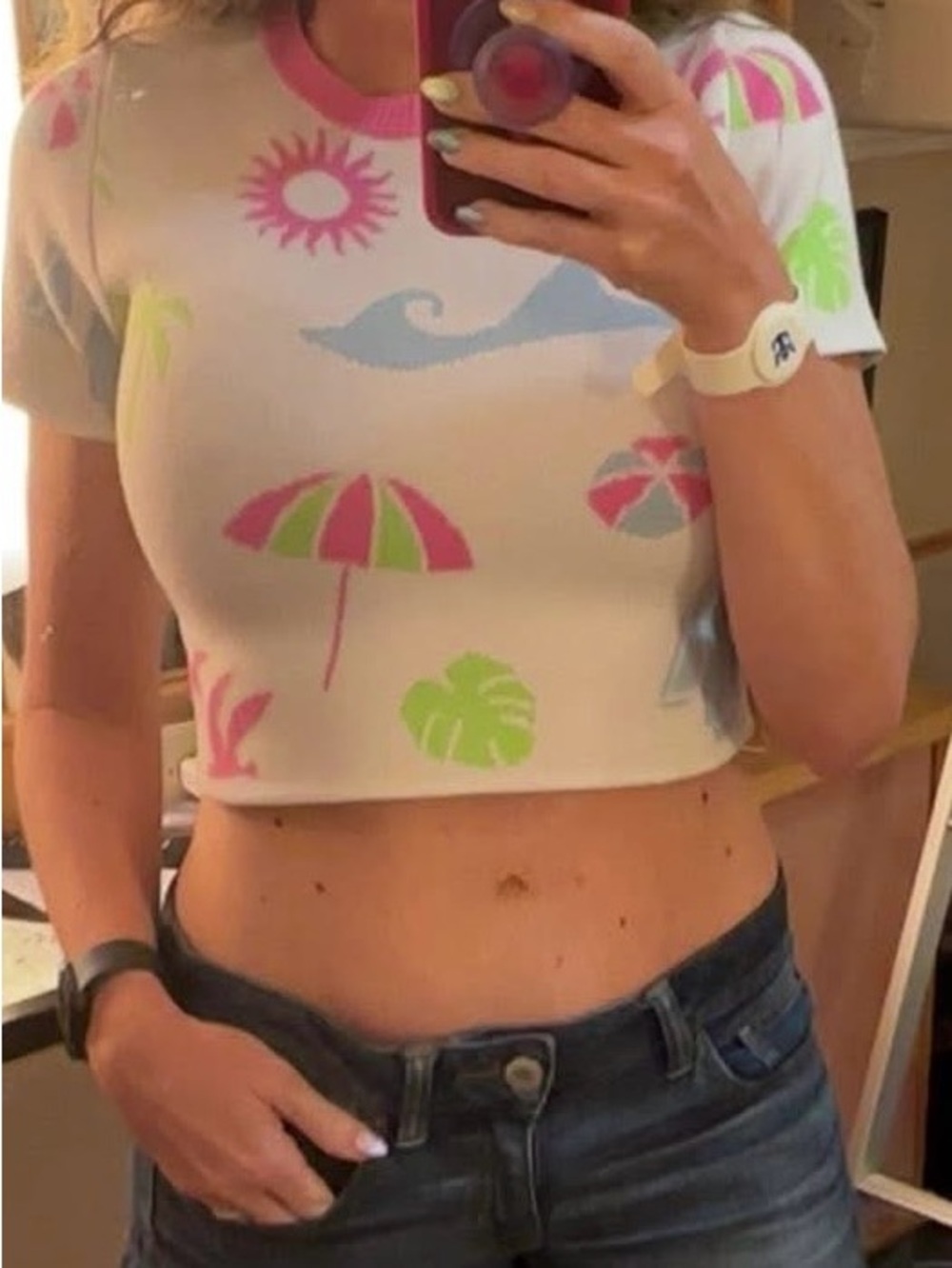 White Cropped Beach-Print  - Women Knit Tops